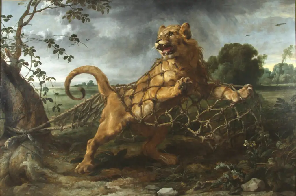 Cuadro clásico de Frans Snyders y Rubens sobre la fábula del león y el ratón de Esopo