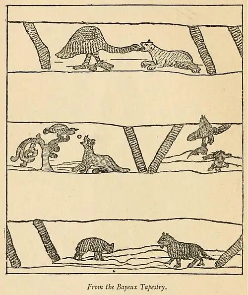 Detalle del Tapiz de Bayeux mostrando las fábulas de Esopo en el arte medieval