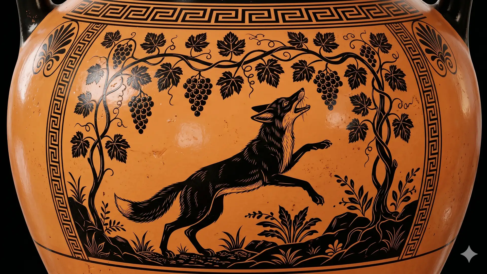 Fábulas con Zorras - Fábula La Zorra y las Uvas de Esopo en Cerámica de Figuras Negras