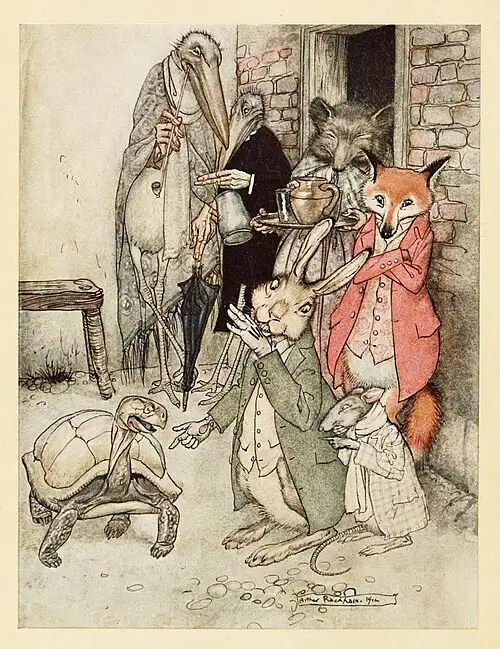 Ilustración clásica de la fábula de la liebre y la tortuga de Esopo dibujada por Arthur Rackham