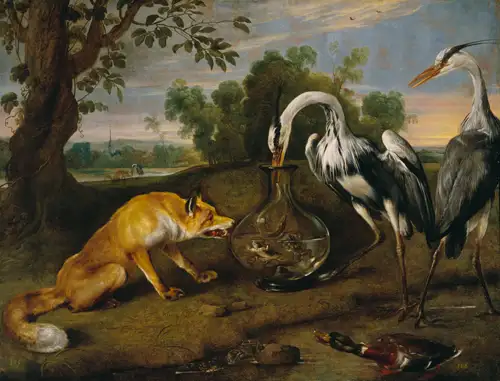 Pintura flamenca que representa la fábula de la zorra y la garza